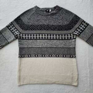 H&M Fair Isle Crewneck Sweater Mens Large Cream Black Wool Blend Knit Geometric